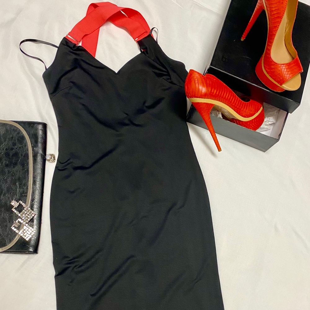 Bebe black and coral party dress.